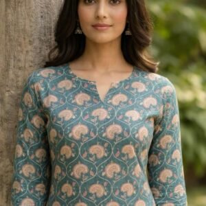 Women Green Floral Straight Long Kurti