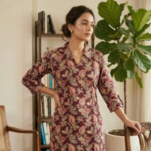 Women Red Floral Straight Long Kurti