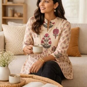 Women Off White Cotton Short Kurti (60x60 Fabric)