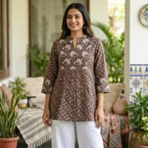 Women Brown Cotton Short Kurti