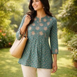 Women Green Cotton Short Kurti