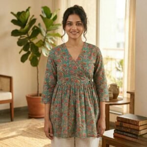 Women Green Cotton Short Kurti